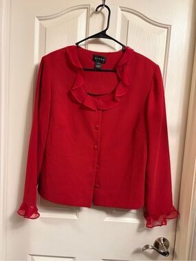 Virgo Bright Red Ruffle Collar Button-Front Blouse